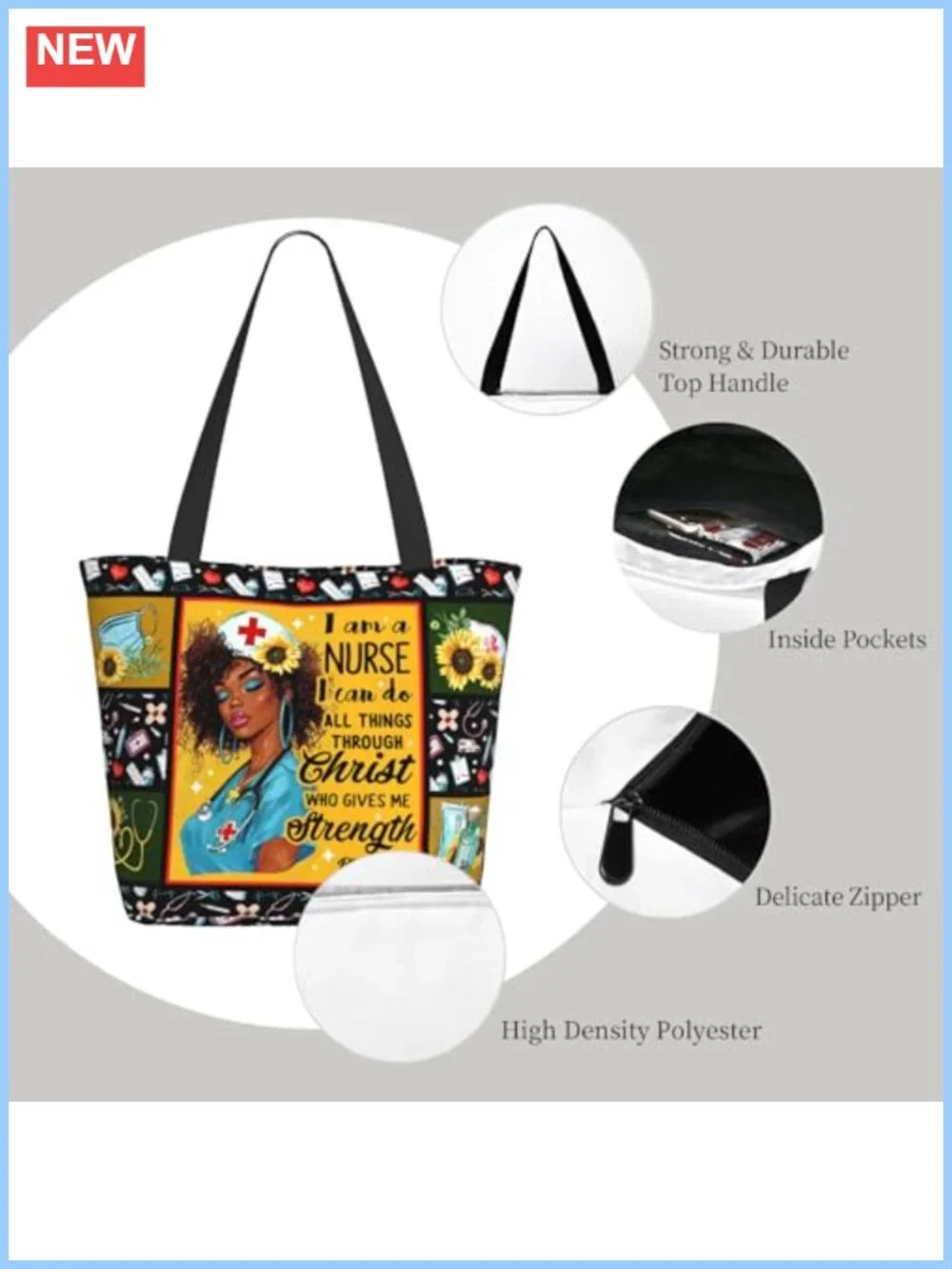 Reusable Zippered Inspirational Scripture Tote Bag for Women Shoulder Bag